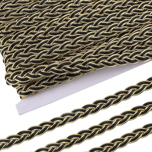 GORGECRAFT 20 Metro di Cordoncino Intrecciato Linea Dorata Twist Intrecciato Tessuto Tessitura Pizzo Catena Nastro Metallico Applique Scorrimento Onda Bordo Passamaneria per Cucito Artigianale Nero