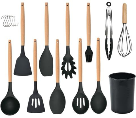 Küchenhelfer-Set 12-teilig Silikon-Kochutensilien-Set mit Holzgriff, hitzebeständig antihaftbeschichtet Kochgeschirr Zange Spatel Löffel-Set beste Küchenutensilien mit (Schwarz)