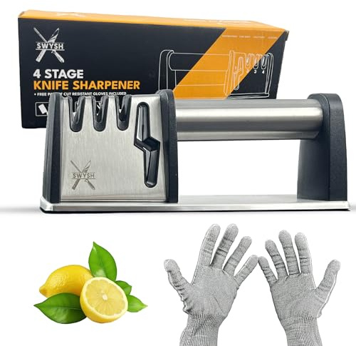 SWYSH 4-Stage Manual Knife Sharpener – Kitchen Knife Sharpening Tool – Scissors Sharpening Slot – Blade Sharpener for Everyday Knives – Compact & Portable Knife Sharpener with Cut Resistant Gloves