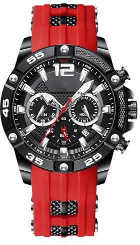 RORIOS Relojes Moda de Pulsera para Hombres Reloj Silicona Deportivos Reloj Analógico Cuarzo Reloj Multifuncional Cronógrafo Reloj Luminoso Calendario Rojo