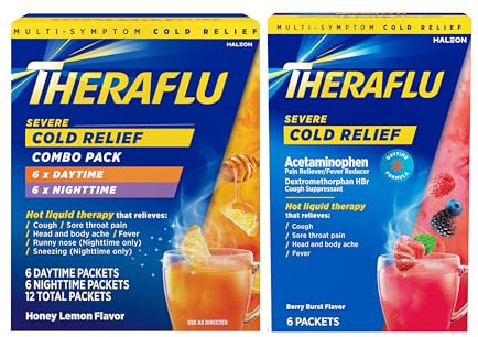 Theraflu Combo Daytime and Nighttime Severe Cold Relief Honey Lemon Flavor Powder_ and Daytime Severe Cold Relief Berry Burst Flavor Powder, _6 Daytime + 6 Nighttime, and 6 Berry Burst Powder Packets
