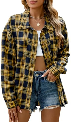 Chemisier Femme Chic et Élégant Blouse à Carreaux Haut Femme Tunique Manche Longue Top (Jaune,XL)
