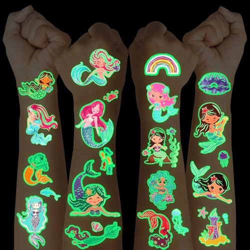 Tatuajes para niños y niñas, para bolsa de azúcar, 12 hojas, tatuajes luminosos, relleno para bolsa escolar, niñas, sirena, purpurina, tatuajes para niñas, cumpleaños infantiles, regalo de