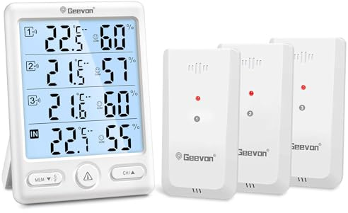 Geevon Indoor Outdoor Thermometer Wireless, 5-Inch Display Digital Hygrometer Thermometer Temperature Humidity Monitor with 3 Remote Sensors and Backlight, Battery-Powered(White)