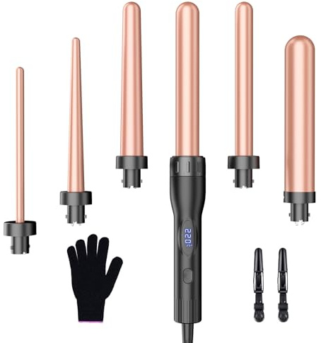 Lockenstab Große und Kleine Locken Set mit einstellbarer Temperatur - 6 in 1 Mit Verschiedenen Aufsätzen Antistatische Keramik Turmalin Beschichtung Welleneisen für Beach Waves