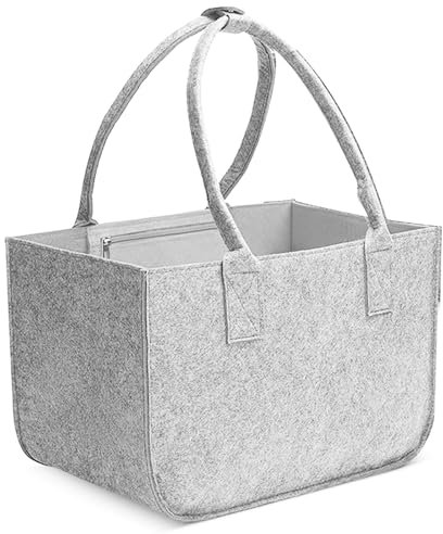STQDEU einkaufskorb thermo, filz einkaufstasche mit griffen, filztasche groß, brennholz filztasche shopper, kaminholzkorb, strapazierfähige filz einkaufstasche,verwendbar (light grey, S(40*27*27CM))
