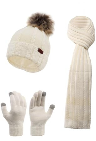 NATUST Mütze Schal Handschuhe Set Damen Winter Dickes Strickset Weiche Warme Gestrickt Langer Schal Touchscreen Handschuhe Weiß