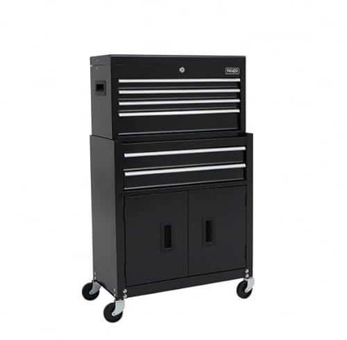 BiGDUG 24” 6 Drawer Tool Chest & Tool Rollcab Set - Garage Rolling Tool Cabinet & Top Chest - 1037H x 616W x 295D mm (Black)