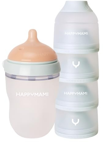 Happymami,Set aus personalisierbarer Babyflasche in Brustform + Milchpulver-Portionierer, Fütterungsset für dein Baby, BPA-frei, mit doppeltem Anti-Kolik-System, spülmaschinengeeignet.
