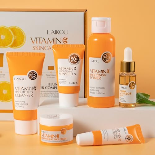 LAIKOU Set Regalo per la Cura Della Pelle, 6 Pezzi Prodotti per la Cura del Viso, Set Skincare Idratante con vitamina C Crema, Detergente, Crema Occh, Siero, Tonico, Protezione Solare