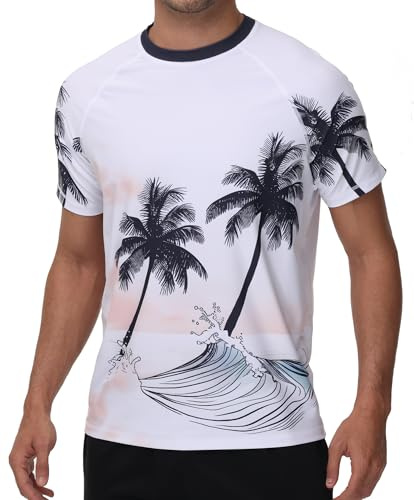 VAYAGER Herren UV Shirt Rash Guard T-Shirt Schwimm Shirt UPF 50+ Badeshirts,schnell trocknend, lockere Passform, Wassersurf-Shirt(Weiß Kokosbaum L)