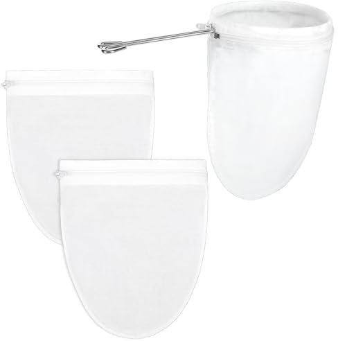 Paquete de 4 bolsas coladoras de malla ultrafina con 1 mango de marco, colador de jugo reutilizable de grado alimenticio, colador de yogurt de nailon con cremallera para nueces, leche, café,