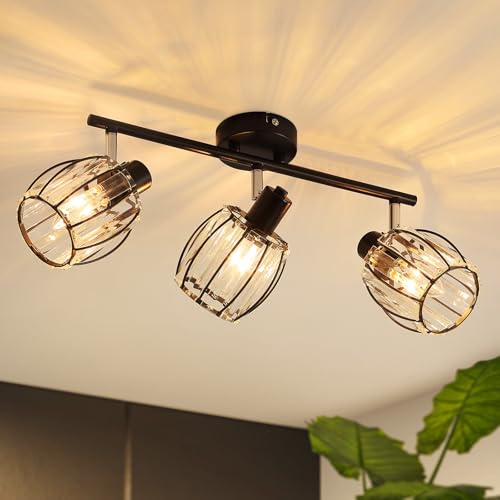 ZMH Deckenstrahler 3 Flammig Vintage Schwarz Kristall E14 Wohnzimmerlampe | Deckenleuchte Deckenlampe Retro Metall Strahler 350 Grad Schwenkbar Spots Innen Flur Schlafzimmer Küche