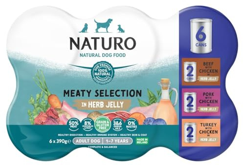 Naturo Adult Grain & Gluten Free Meat Chunks Variety Wet Dog Food Cans(6x Beef 3xPork 3XTurky) - 12 x 390g