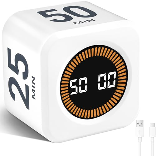 Cuteefun Pomodoro Timer Cube, Drehbarer Timer Würfel für Kinder, Weiß | 5/10/25/50 Min & Individueller Countdown, Stumm- und Tonmodi, USB Wiederaufladbar, Visual Productivity Timer für ADHS, Küche