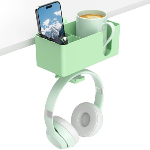 KDD Soporte Vaso Escritorio 4 en 1 con Soporte Auriculares - Gancho para Auriculares Giratorio Bajo Mesa con 2 Agujeros de Cables - Soporte Desmontable para Taza Móvil Bolígrafo (Verde)