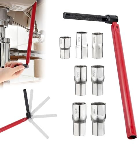 Jonuin Tap Spanner, Adjustable Box Spanners for Taps, Faucet Installation Tool with 8pcs 8-17mm Nut Set, Multifunctional Faucet Wrench Socket for Home Bath Basin, Kitchen, Sink