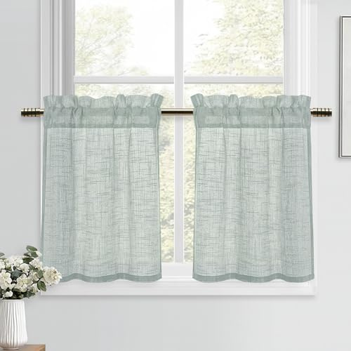 DWCN Grau-grün Scheibengardinen Leinenoptik Vorhänge Modern Fenstervorhänge Kurz 2 Stück H60xB90cm Vorhang Halbtransparent für Küchengardinen Wohnzimmer Schrankvorhang Kinderzimmer Gardine Badezimmer