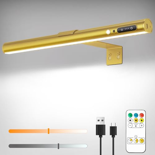 ENCOFT Applique murale pour tableau mural avec détecteur de mouvement 5000 mAh - Batterie rechargeable sans fil - Télécommande à intensité variable et 3 temps de couleur - 40 cm - Doré
