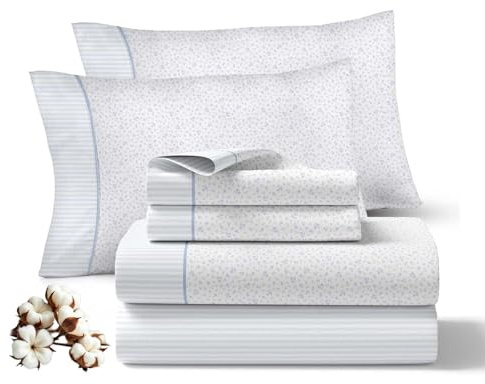 Viuda de Tolra - Juego Sábanas para Primavera y Verano | 100% Algodón 144 Hilos | Incluye Sábana Encimera, Bajera Ajustable y Funda Almohada | Modelo Abrazo | (Azul, Cama 150cm (2 Fundas Almohada))