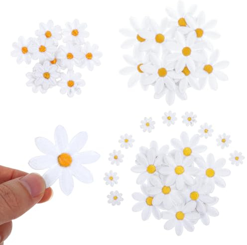Nogeqi Lot de 40 écussons thermocollants - Motif fleurs blanches - À coudre - 4 tailles (1,2-4 cm) - Pour textiles, vêtements, jeans, bricolage
