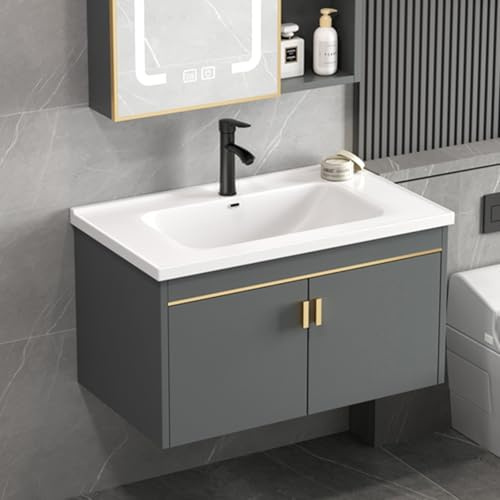 HYANXUE Set di lavabo da bagno, mobiletto da parete, lavabo, armadietto a specchio e lavello con lavabo in ceramica e rubinetto (grigio, 43 x 35 cm)