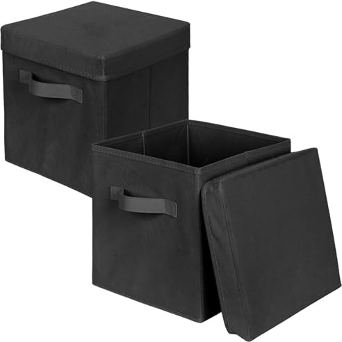 powerking Scatola di stoccaggio Bins, 2 pacchetto pieghevole tessuto stoccaggio cubo con coperchio, vestiti organizzatore cassetto per armadio e giocattoli stoccaggio, 27x27x28cm,Nero
