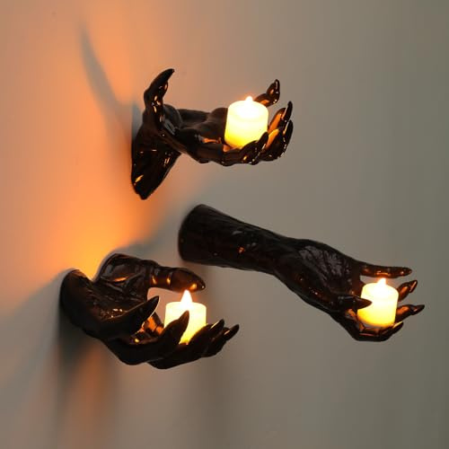 Halloween Pack von 3 Wand montiert gruselige Reaching Hände mit angezündeten Kerzen, Horror Hände für Wanddekorationen, gotische schwarze Horror Hände Kerzenhalter, Angst hängende Wanddekoration