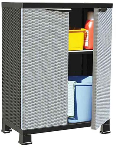 WRJENFSC Kunststoff Aufbewahrungsschrank Grau 68x39x92 cm mit Rattan Design 2 Türen und 2 Böden abschließbar für Lagerraum Büro Garage und Garten