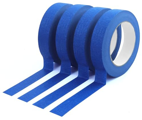 REBECCAGIBSON 4 Rolle Malerkrepp, 50m x 25mm Kreppband Blau Malerband Masking Tape Abklebeband Maler Papierklebeband Hitzebeständig UV-Beständig für Malerarbeiten Renovierungen Handwerke