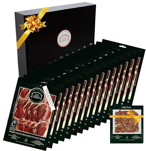 Jamon LOS CALVO Lote Loncheado Paleta Iberica de Cerdo Pata Negra | Maletín Paletilla 12 Sobres 960Gr + 200Gr Virutas y Tacos del Jamón Deshuesado de Regalo Embutidos Gourmet España 50% Ibérico