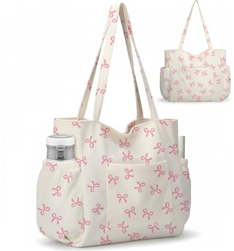 Corduroy Tote Bag for Women, Large Capacity Cute Tote Bags With 6 Pockets, Laptop Tote Bag Crossbody Shoulder Handbag Teacher Nurse Bags for Work Travel Gym(Pink Bows)
