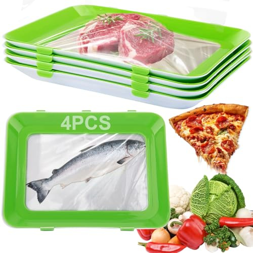 RIZENCE 4Pcs Storage Trays, 12''x9'' Stackable Food Storage Trays with Lid, Reusable Food Tray with Buckle, Containers for Vegetable Meat Fish Fruit Long lasting Freshness