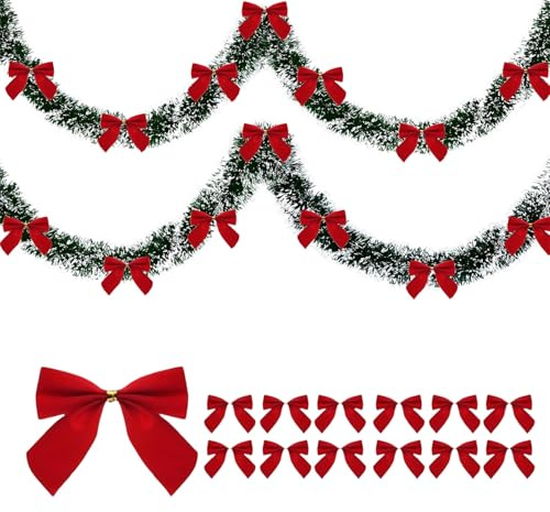 Weihnachtsgirlande 2m, Tannengirlande Künstlich mit 12 Schleifen, Girlande Weihnachten für Treppe Kamin Fenster Deko, Wiederverwendbare Weihnachtsdeko für Zuhause, Büro & Party (A)