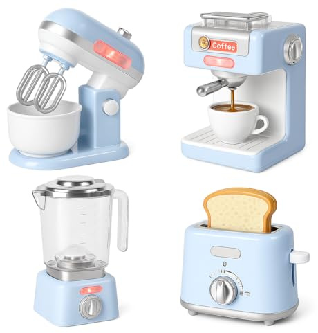 4-in-1 Kids Kitchen Appliances Toy Set – Pretend Play Coffee Machine with Water Flow Light & Sound, Pop-Up Toaster, Rotating Mixer & Blender – Battery Operated Role Play Cooking Set for Children 3+