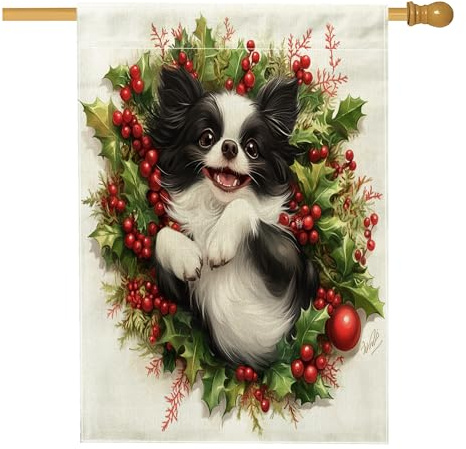 Bandiere natalizie giapponesi per la casa del cane, 71 x 101 cm, double face, per esterni, divertenti agrifogli natalizi verticali, in tela di lino, bandiere per la casa, per animali domestici