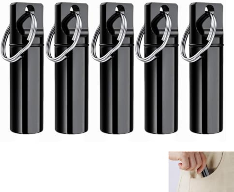 5 Pcs Small Portable Pill Box Keychain, Aluminium Alloy Mini Pill Organizer Case Container, Waterproof Container with Keyring, Metal Vials Bottle for Outdoor Camping Hiking Purse Pocket Storage(Black)