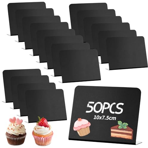 50 PCS Mini Chalkboard Signs, 4 x 3 inch Black Buffet Sign Blackboard Sign Reserved Signs Small Food Labels Plastic Price Tags Craft Stall Display Stand Cards