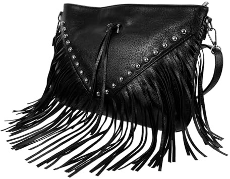 ifundom Bolso de Hombro con Tachuelas y Flecos para Mujer Bolso Bandolera Vintage de Piel Casual para Almacenamiento de Objetos Personales Negro