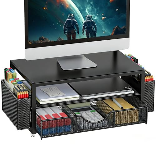Monitorständer mit Schublade, Schreibtischorganizer und Zubehör, 2-stufiger Computer Monitor Erhöhung mit Schublade und 2 Stifthaltern, ergonomischer Desktop Ständer für Büro Zubehör (Metall Schwarz)