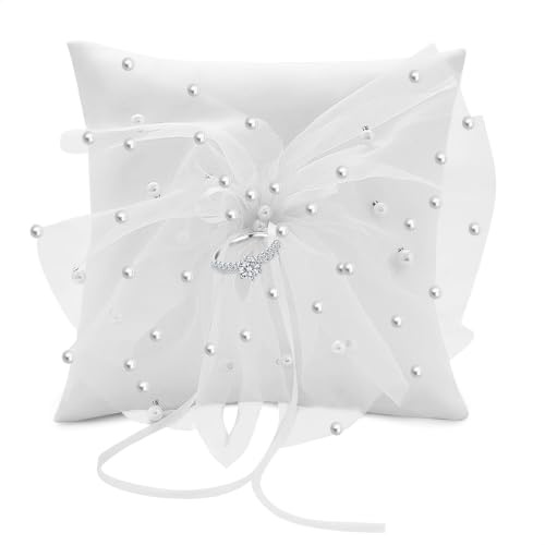 xiruiubao Ringkissen Hochzeit Spitzenfransen Perlen Ring Kissen für Hochzeit Partys Jubiläen Standesamt,15 X 15 cm Weiß Tragbares Dekoratives Andenken,Hochzeitszubehör