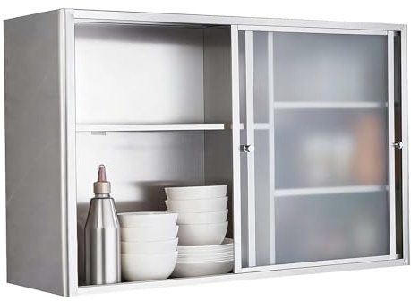 Hängeschrank Küche aus Edelstahl mit 2 Schiebetüren Werkzeugschrank Metall mit Verstellbaren Einlegeböden Werkstattschrank für Küche, Garage, Büro, Lager, Badezimmer(80 * 50 * 38cm)