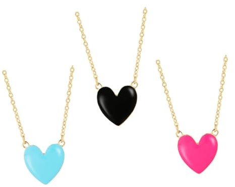 KOMBIUDA Collar Colgante de Corazón 3 Piezas para Mujer Cadena de Aleación Esmalte en Azul Claro Rosa Fucsia y Negro Gargantilla Elegante para Uso Diario y Obsequio de San Valentín