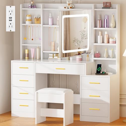 BEWISHOME Large Vanity Desk with Mirror and Lights,White Makeup Vanity Table with Power Outlet,Makeup Desk with 8 Drawers,7 Open Shelves,12 Hooks,Nightstand and Stool,Dressing Table for Bedroom FST53W
