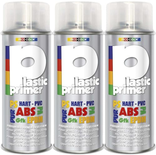 DECO COLOR Plastic Primer 400ml - Grundierung für verschiedene Kunststoffe PUR, PS, PA, EPDM, ABS, GfK Hart-PVC und ähnliche (Gartenmöbel/Pflanzengefäße usw.) (3 Dosen Plastic Primer 400ml)