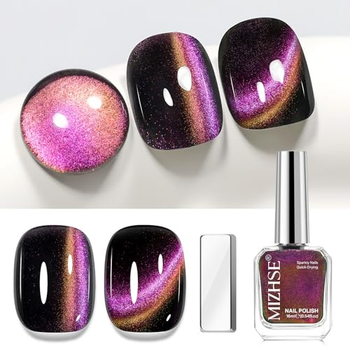 MIZHSE Cat Eye Nail Polish Magnetic Quick Dry Giltter Catseye Nail Varnish | Purple Cats Eye, Non Gel, 16ml Nails Polish No UV, Home & Salon DIY Manicure