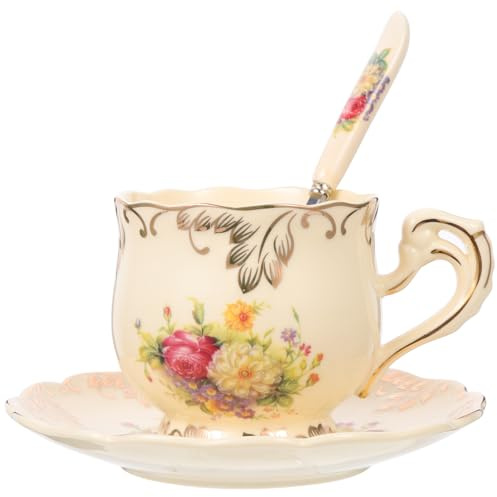 JECOMPRIS Juego de Taza de Café y Té de Cerámica Vintage Platillo y Cuchara, 3 Piezas, Capacidad Amplia, para Oficina y Ocasiones Obsequios