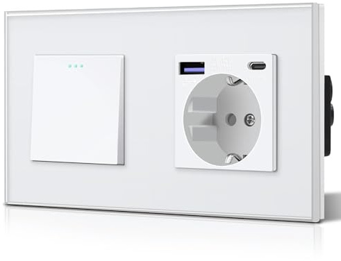 BSEED Interruptor y Enchufe,Enchufes Pared con 20W USB y Tipo C,Carga Rápida,Panel de Vidrio,3 en 1,Fácil Instalación,1 Gang 1 Vía Con 20W Enchufe,157mm Blanco