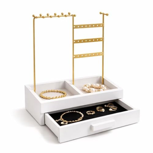 DAMDAM GO Joyero Todo en Uno de Madera Blanca con Estructura Dorada, Organizador de Joyas con Cajón Forrado en Terciopelo Negro, Soporte para Collares y Pendientes – Diseño Elegante y Compacto
