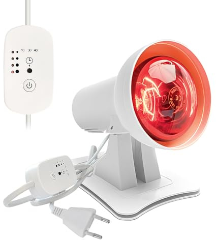 Afenau Rotlichtlampe Wärmelampe, 150W Infrarotlampe mit 3 Stufen Timer und 4-stufige Temperaturregelung, 45° Einstellbarer Rotlichtlampe Therapie, Infrarot Lampe für Entspannende Wärme